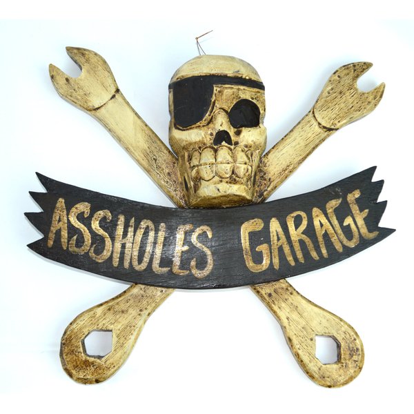 LG 12 inch Hand Carved Wood Pirate Skull Cross Bone With Wrenches"ASSHOLE'S GARAGE" Sign Plaque Wall Art Decor