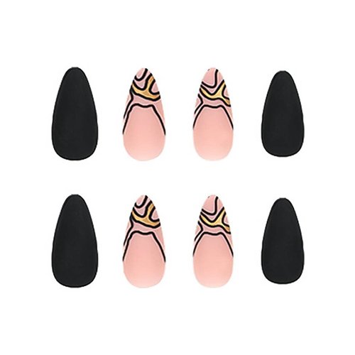 RikView Black Press on Nails Long Fake Nails French Stick on Nails with Swirls Design Matte Almond Nails for Women