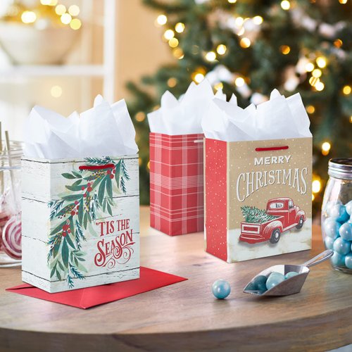 Hallmark 6" Small Rustic Christmas Gift Bag Bundle (6 Bags: Red Truck, Tis the Season," Red and White Plaid) for Gift Cards, Teacher Presents, Holiday Party Favors