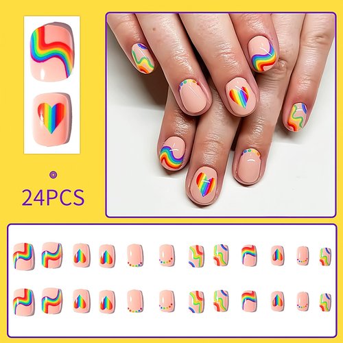Rainbow Pride Month Press On Nails Colorful Stripes Fake Nails Summer False Nails Glossy Acrylic Full Cover Nails Rainbow Heart Artificial Nails for Women Girls Manicure Decorations