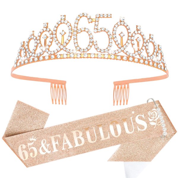 YARIEW Rose Gold Crown + 65 & Fabulous Birthday Sash + Pearl Pin Set, 65th Birthday Decorations, 65th Birthday Gifts for Women, Happy 65th Birthday Party Favor