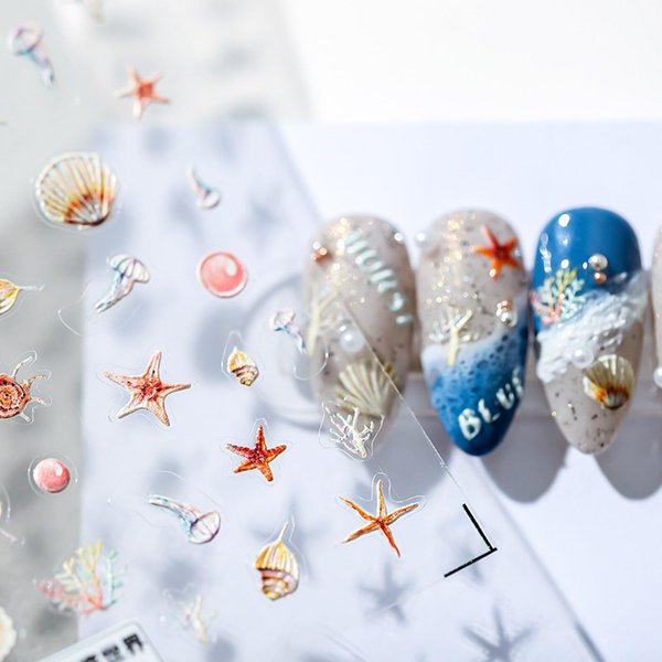 Summer Ocean Shell Nail Art Stickers Decals 5D Embossed Seashell Starfish Nail Stickers Summer Ocean Seahorse Nail Art Decorations Supplies Ocean Theme Nail Adhesive Sliders for Women and Girls
