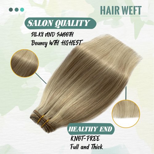 Weft Hair Extensions Human Hair,Golden Brown Colored Sew in Hair Extensions Brown Highlights Blonde Straight Weft Extensions Real Human Hair Platinum Blonde Sew in Hair Bundles 80Gram 14inch