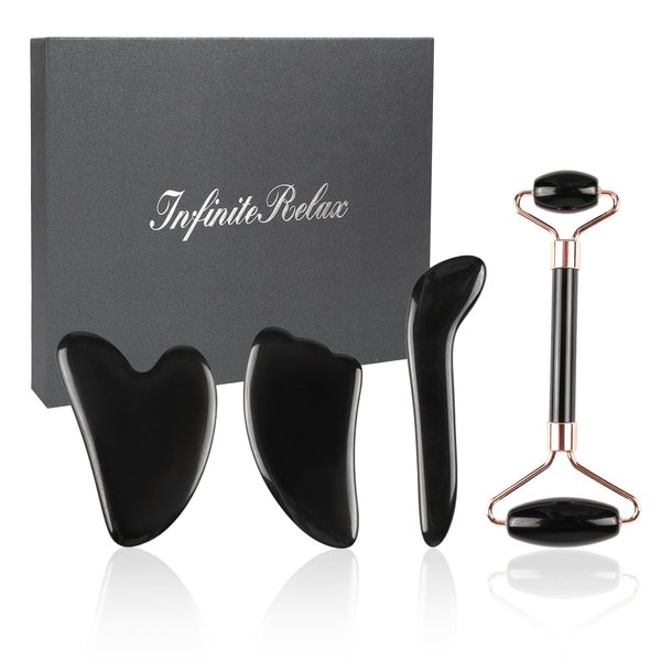 Obsidian Gua Sha Facial Tools Set of 4 - Natural Jade Gua Sha Face Sculpting Tools, Face Roller & Gua Sha Tool for Face, Double Chin Jawline Fascia Cellulite Remover & Point Treatment