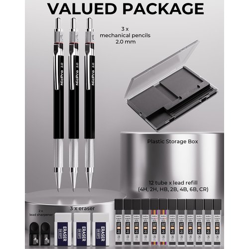 Nicpro 2mm Metal Mechanical Pencil Set with Case, 3PCS Lead Pencil Holder 2.0 mm with 144PCS Lead Refills (4H 2H HB 2B 4B 6B Color), Eraser, Sharpener for Drafting Writing Drawing Sketching