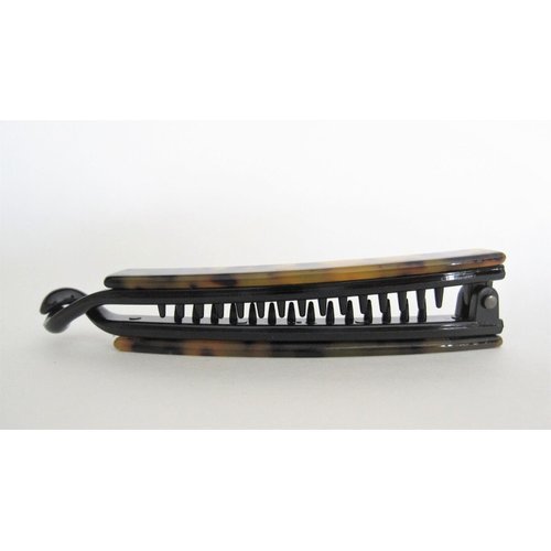Slim black and beige marbled banana hair claw clip for fine hair
