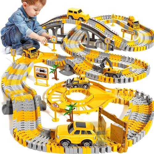 MSKOLER 200 Pieces Construction Toy Car Racing Railway Playset for Kid 3 4 5 6 7 8 Years Old - Flexible Railway, Engineering Railway, Electrical Toy Car for Boy, Birthday Gifts for Toy Toddler 3-5