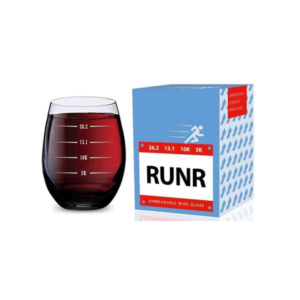 GSM Brands Stemless Wine Glass for Runners (5K, 10K, 13.1, 26.2 Measurements) Made of Unbreakable Tritan Plastic and Dishwasher Safe - 16 ounces