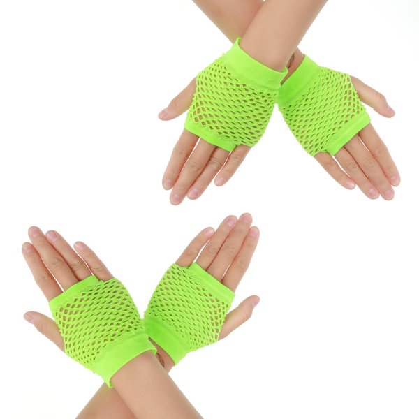 2 Pairs Fluorescent Green Fingerless Fishnet Gloves Women 80s Short Stretch Mesh Gloves Retro Nylon Fish Net Fingerless Gloves for 80's Theme Party Halloween Cosplay Women Costume Accessories