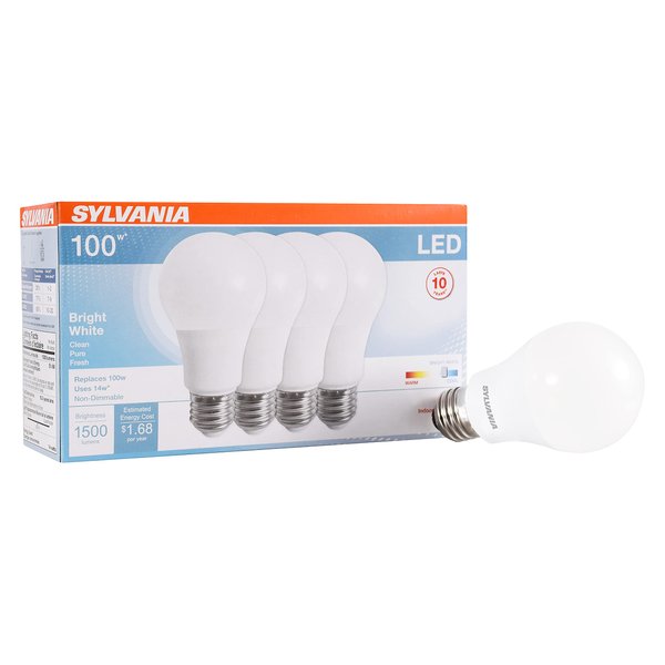 SYLVANIA LED Light Bulb, 100W Equivalent A19, Efficient 14W, Frosted Finish, 1500 Lumens, Bright White - 4 Pack (78102)