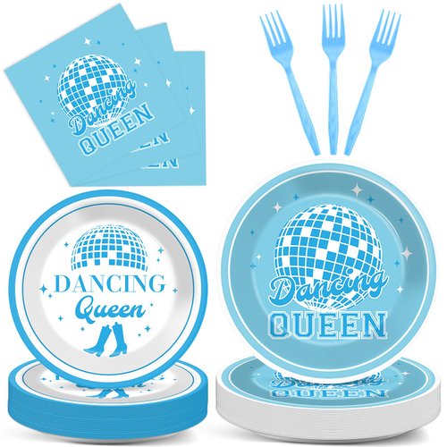 96Pcs Dancing Queen Party Supplies Dancing Queen Paper Plates Napkins Disposable Blue Disco Party Tableware Set 70s Disco 17th Birthday Dinnerware for Party Bachelorette Decoration Serve 24