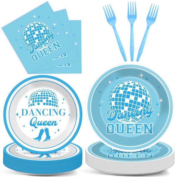 96Pcs Dancing Queen Party Supplies Dancing Queen Paper Plates Napkins Disposable Blue Disco Party Tableware Set 70s Disco 17th Birthday Dinnerware for Party Bachelorette Decoration Serve 24