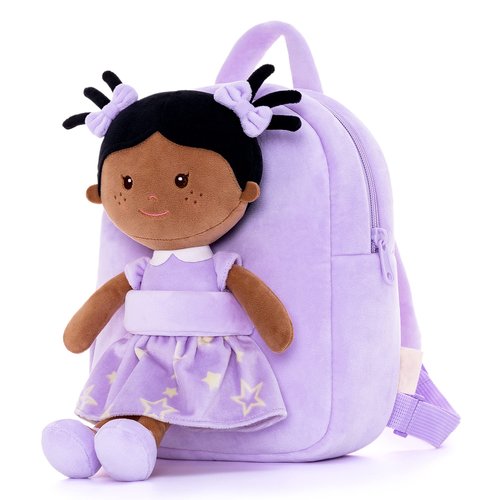 Onetoo Toddler Kids Backpack with Soft Tanned Baby Dolls in Purple Star Dress 9.5"