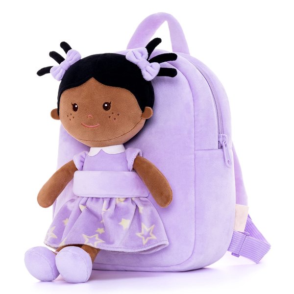 Onetoo Toddler Kids Backpack with Soft Tanned Baby Dolls in Purple Star Dress 9.5"