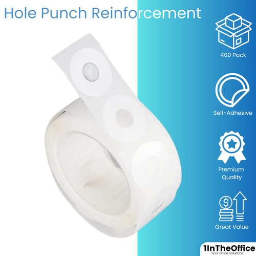 1InTheOffice Hole Punch Reinforcement Stickers, Paper Hole Reinforcement Stickers, Hole Reinforcers for Ring Binders - Sheet Hole, 20 Labels Per Sheet, White, 1/4" Diameter, 400/Pack