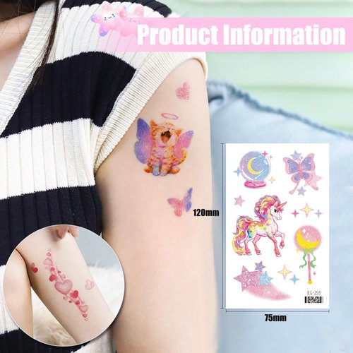 Tuenmofun 14 Sheets Glitter Temporary Tattoos for Kids, Cute Fairy Makeup Waterproof Stickers with 120+Pcs Pattern for Girls Face Decals, Birthday Party Decorations