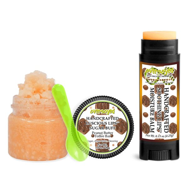 Peanut Butter Toffee Bar Soothing & Luscious Lips by OverSoyed Exfoliator & Chapped Lip Repair Lip Care Combo | Artisan Handcrafted to Order Crunchy Peanut Butter Toffee Chocolate Flavored Exfoliating Sugar Lip Scrub & Lip Moisturizer Balm Gift Set