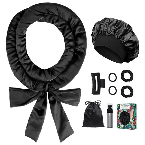 Gwabee Heatless Curls Overnight Hair Curlers to Sleep In Satin Hair Curler Rollers No Heat Hair Wrap for Curls Headband, 70" Satin Heatless Curling Rod Set for Women Long Waves Hair Volume -Black 9PCS