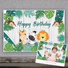 Yeele 7x5ft Safari Animals Happy Birthday Backdrop Jungle Wildlife Tropical Green Leaves Rustic Wooden Photography Background for Kids Birthday Party Decorations Cake Table Banner Supplies Vinyl