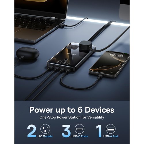 Baseus Blade Charging Station 140W, 6-in-1 Compact USB C Power Strip with 5ft Detachable Flat Extension Cord, Digital Display, Slim Fast Desktop Charger for Work and Travel (Not a Portable Battery)