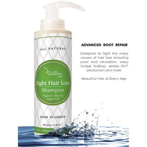 Nature Lush Organic Argan Anti-Hair Loss Shampoo with Rich Vitamins – Sulfate Free & Rich Saw Palmetto DHT Hair Root Treatment – For Men & Women - 100% Pure, Natural – All Hair Types (250 ml)