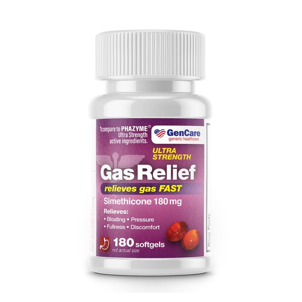 GenCare - Ultra Strength Simethicone Gas Relief 180 mg (180 Softgels) | Anti Flatulence, Bloating Aid, Stomach Discomfort and Gas Pressure Reliever Pills | Relieves Gas Fast | Generic Phazyme