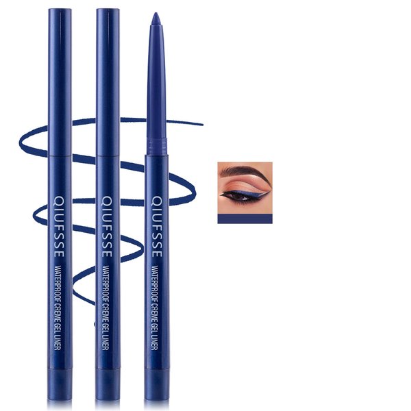 QIUFSSE 3PCS Blue Eyeliner Pencil Waterproof Eyeliner Pen Retractable Colorful Eyeliner Easy to Use Eyeliner Pen for Women,Pro Delineador De Ojos A Prueba de Agua（Dark Blue Shine）