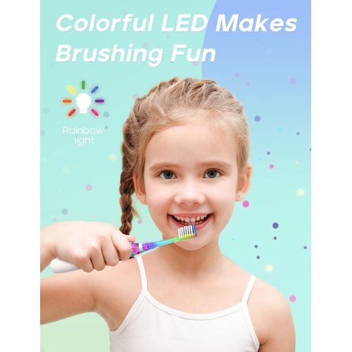 SEAGO Kids Electric Toothbrush with 2 Mins Brushing Timer and 4 Replacement Bursh Heads, Rainbow LED Light Make Brushing Fun, Green Color Boys Battery Powerd Toothbrush for 4-12 Years Old