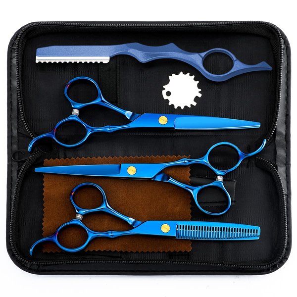 Professional Hair Cutting Scissors Sets Stainless Steel Barber Hairdressing Scissors Multifunctional Salon Thinning Scissors Straight Shears Tools for Men Women Home Use (Blue)