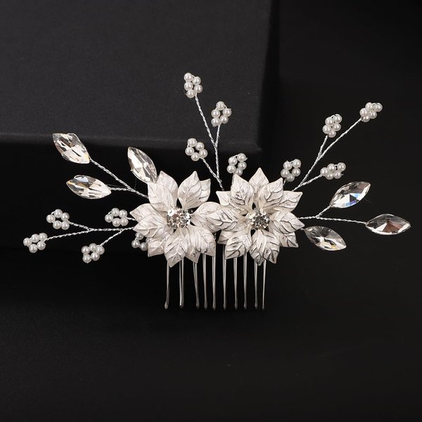 Teyglen Flower Wedding Hair Comb Handmade Gold Crystal Headpieces Bridal Pearl Rhinestone Hair Side Comb Bridal Hair Accessories for Bride Gold Silver Hair Pieces for Women Flower Girls (Silver)