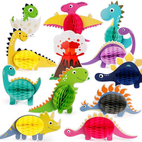 Mocoosy 12 Pack Dinosaur Party Honeycomb Centerpieces for Table Decorations, Little Dinosaur Center Piece Table Topper Signs for Kids T-Rex Dinosaur Theme Birthday Party Supplies Baby Shower Decor