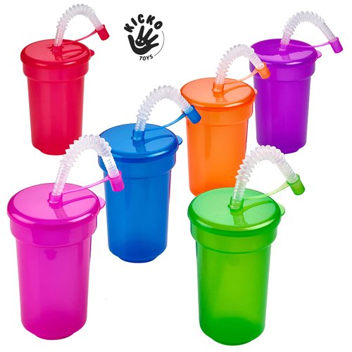 Kicko Neon Sipper Cups - 5.5 Inch - 12 Oz. - Colorful Neon Cups with Lids and Straws - School Events, Themed Parties, and Birthday Celebrations - Party Supplies | 12 Pack