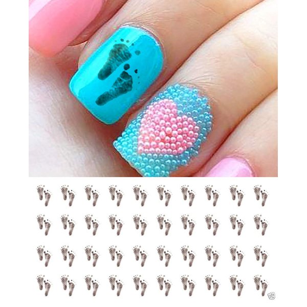 Black Footprints Gender Reveal Baby Shower Waterslide Nail Art Decals - Salon Quality!