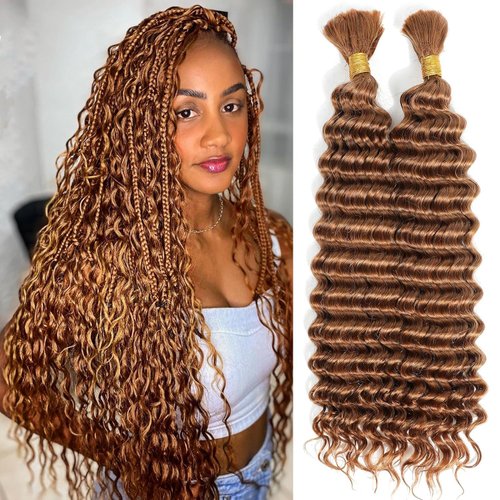 Fabimiya Deep Curly Braiding Human Hair 100g 20 Inch Color 30 Auburn Brown Deep Water Wave Bulk Human Hair for Braiding No Weft Brazilian Virgin Deep Curly Human Hair Extensions for Boho Braids