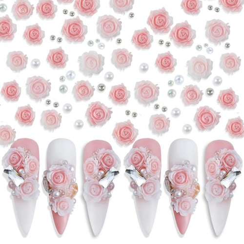 3D Pink Rose Flower Nail Charms Flower Nail Art Charms Nail Pearls Beads Flower Charms for Nails Design Rose Nail Charm Floral Nail Jewels for Nail Art Rhinestones for Nails Supply Nail Decorations