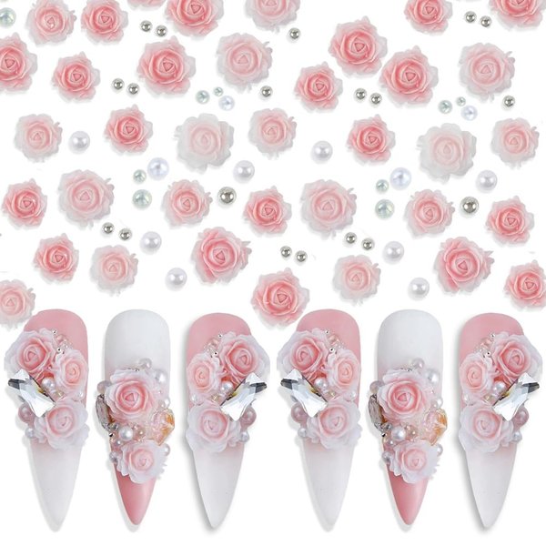 3D Pink Rose Flower Nail Charms Flower Nail Art Charms Nail Pearls Beads Flower Charms for Nails Design Rose Nail Charm Floral Nail Jewels for Nail Art Rhinestones for Nails Supply Nail Decorations
