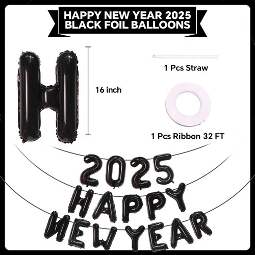 Black Happy New Year 2025 Balloons, 16 Inch 2025 Foil Number Balloons, 2025 New Years Decorations for New Years Eve Party Supplies 2025 New Years Eve Décor