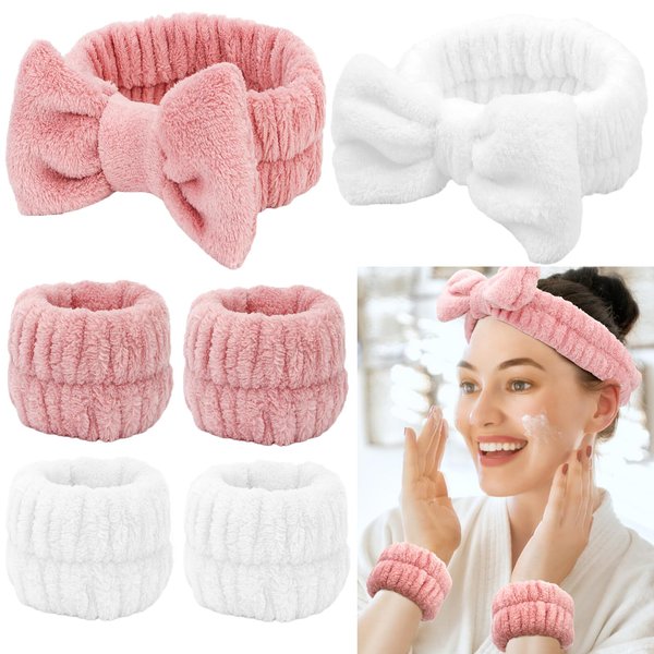 Canitor Spa Headband Wristband Set Skincare Headband for Washing Face Makeup Headband Wrist Bands Wrist Towels Preppy Teen Girl Gifts Trendy Stuff Make Up Accessories (white+pink)