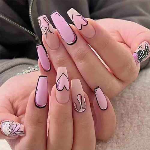 Foccna Comic Pink Press on Nails Extra Long, Acrylic Fake Nails Coffin Cartoon LOVE Design False Nails,Artificial Nails for Women and Girls, 24 pcs
