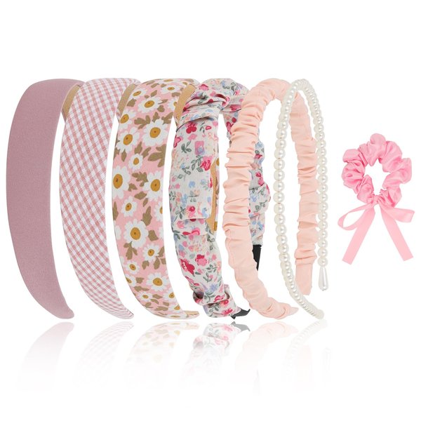 Araluky 7 Pcs Fashion Headbands for Women with Satin Scrunchies Pink Headbands for Girls Pearl Headbands for Women Trendy Padded Headband Thin Headbands for Women Croquette Aesthetic Cute Accessories