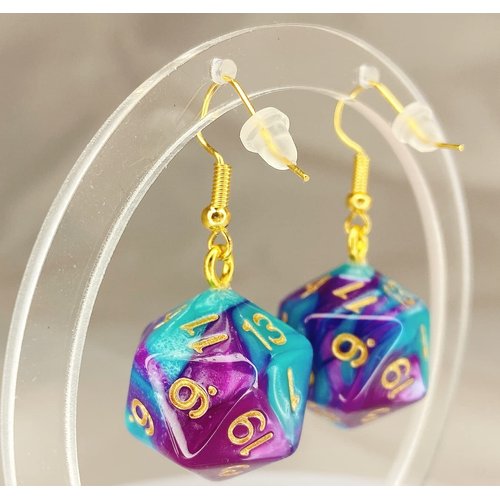 d20 20-Sided Polyhedral Dice Earrings - Hook with Earnuts (Light Blue-Purple Swirl)