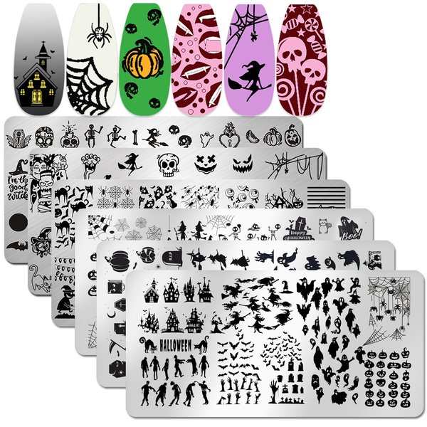 JERCLITY 6pcs Halloween Nail Stamping Plate Halloween Nail Stamping Plates for Nails Cobwebs Witch Ghost Skull Jack-o'-Lantern Haunted House Image Plates Nail Stamper Kit for Halloween Nail Art