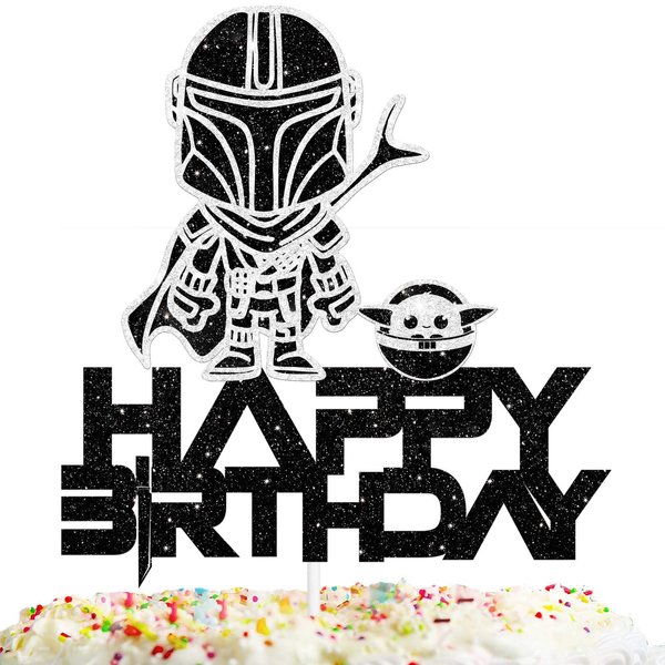 Space Cake Topper Happy Birthday Cartoon Cute Alien Theme Black Glitter Decor for Baby Shower Birthday Party Decorations Supplies