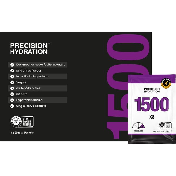 Precision Hydration Electrolyte Drink Mix- All Natural Multi Strength Electrolyte Powders - Combats Cramp - Gluten Free, Hypotonic (1 Box (8 Packets), 1500mg/l - Purple Packet)