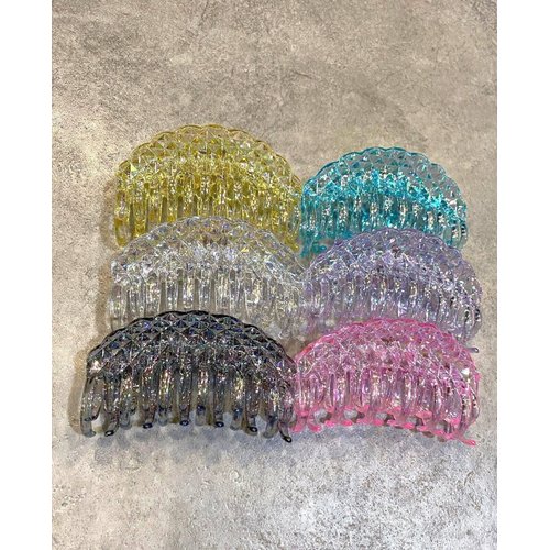 Generic Transparent iridescent clear diamond cut design double grip acrylic hair claw (Primary color: Gray), 1 Count (Pack of 1)