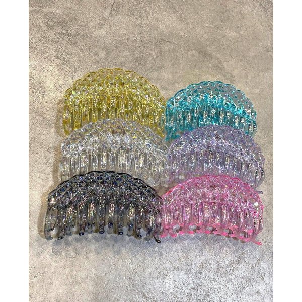 Generic Transparent iridescent clear diamond cut design double grip acrylic hair claw (Primary color: Gray), 1 Count (Pack of 1)