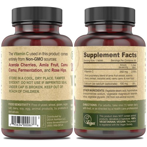 DEVA Vegan Vitamin C 250mg Tablets 2-Pack – Non-GMO, Potent, Multi-Source Food-Based Formulation, 90 Count Ea