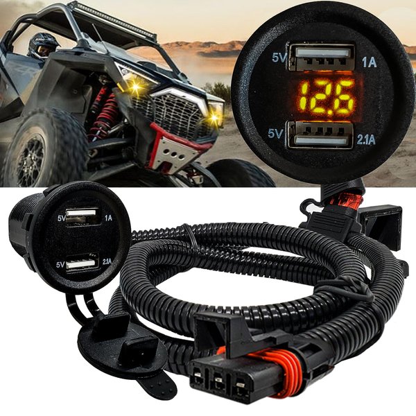 Round Dual USB Port Amber LED Volt Meter Fast Charger 5V Power Outlet with Power Bus Bar Plug Harness Compatible with Polaris RZR Pro Ranger Crew XP 2018-2023