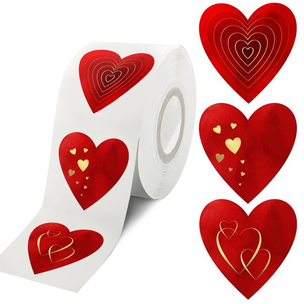 easykart labels 500 Red Heart Shape Valentine's Day Stickers with Gold Foiling, 1.5" Size, 3 Different Designs in one roll | Suitable for Love Theme Party Decorations, Valentine's Day Gifting…