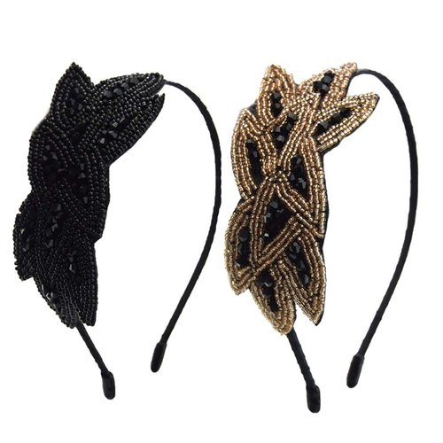 2 PCS Handmade Beaded Leaf Headband Vintage Rhinestone Hairband Hair-Band Headwear Accessories for Women Lady Girls (Black Gold + Black)
